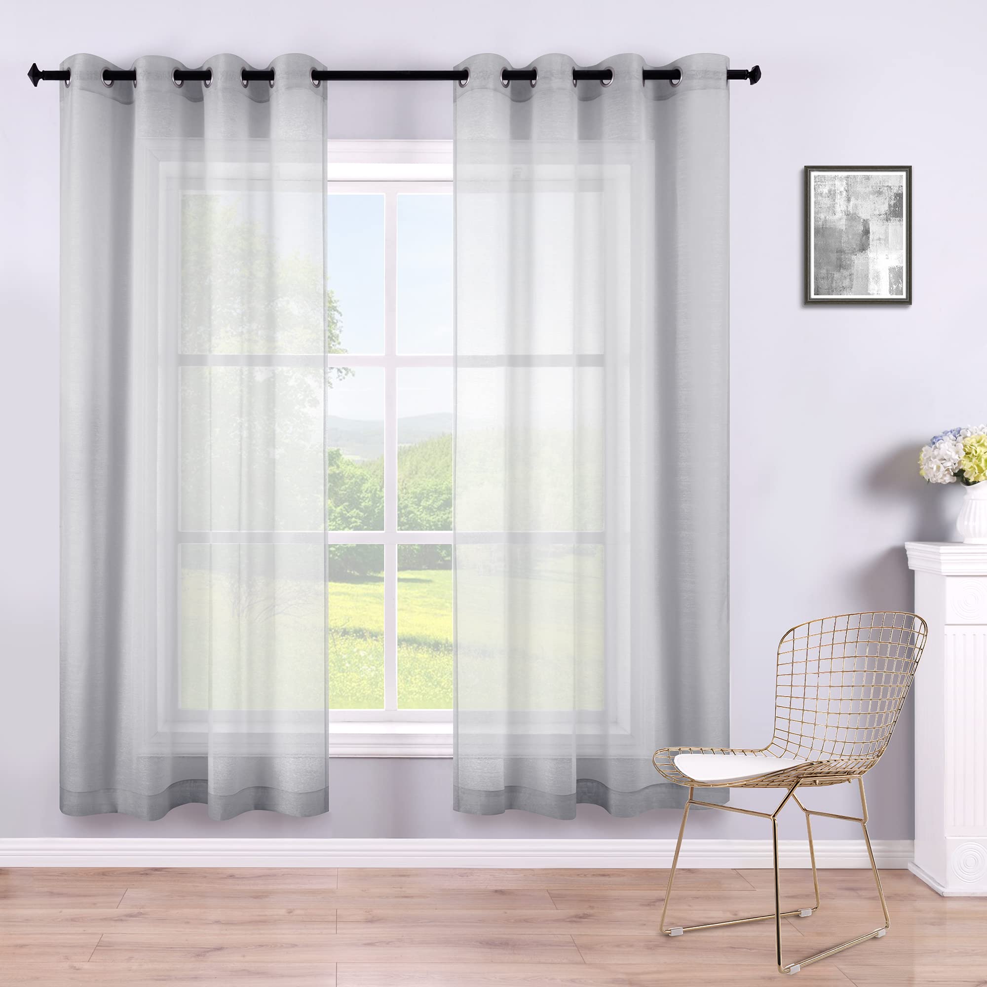 Grey Sheer Curtains 63 Inch Length for Girls Room Set 2 Panels Grommet Elegant Semi Voile Window Drapes Light Pale Silver Gray Curtains for Bedroom Girls Teens Kids Boys Room Baby Nursery 52x63 Long