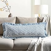 CPC Apatite Blue 100% Cotton Block Print Ruffle Sham Cover 14x36 inch, Handmade Boho Floral Pillowcase, Farmhouse Cottagecore Bedding, Soft Decorative Cushion Cover for Bedroom Décor