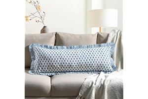 CPC COTTON PRINT CLUB CPC Apatite Blue 100% Cotton Block Print Ruffle Sham Cover 14x36 inch, Handmade Boho Floral Pillowcase, Farmhouse Cottagecore Bedding, Soft Decorative Cushion Cover for Bedroom Décor