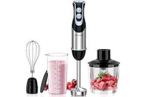 FRESKO Immersion Hand Blender 4-in-1, 500W Powerful Stainless Steel Emulsion Blender Handheld with 12-Speeds & Turbo Mode, Includes Measuring Cup, Chopper & Whisk, Ideal for Blending Soups & Smoothies