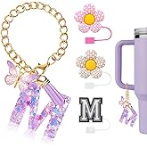 Raxiact 4PCS Stanley Cup Accessories for 30oz 40oz Tumbler with Handle, Silicone Straw Covers Topper Cap and Boot, Spill Proof Stopper, Keychain Handle Charm, Initials Decorations, Purple M