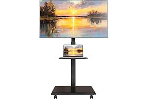 ECOTINY Steel Base Rolling TV Stand for 32-75 inch TVs up to 110 lbs, Leveling & Tilt & Swivel Mobile TV Stand with Hidden Wire Management, Height Adjustable Portable Tv Stand with Steel Shelf, Black