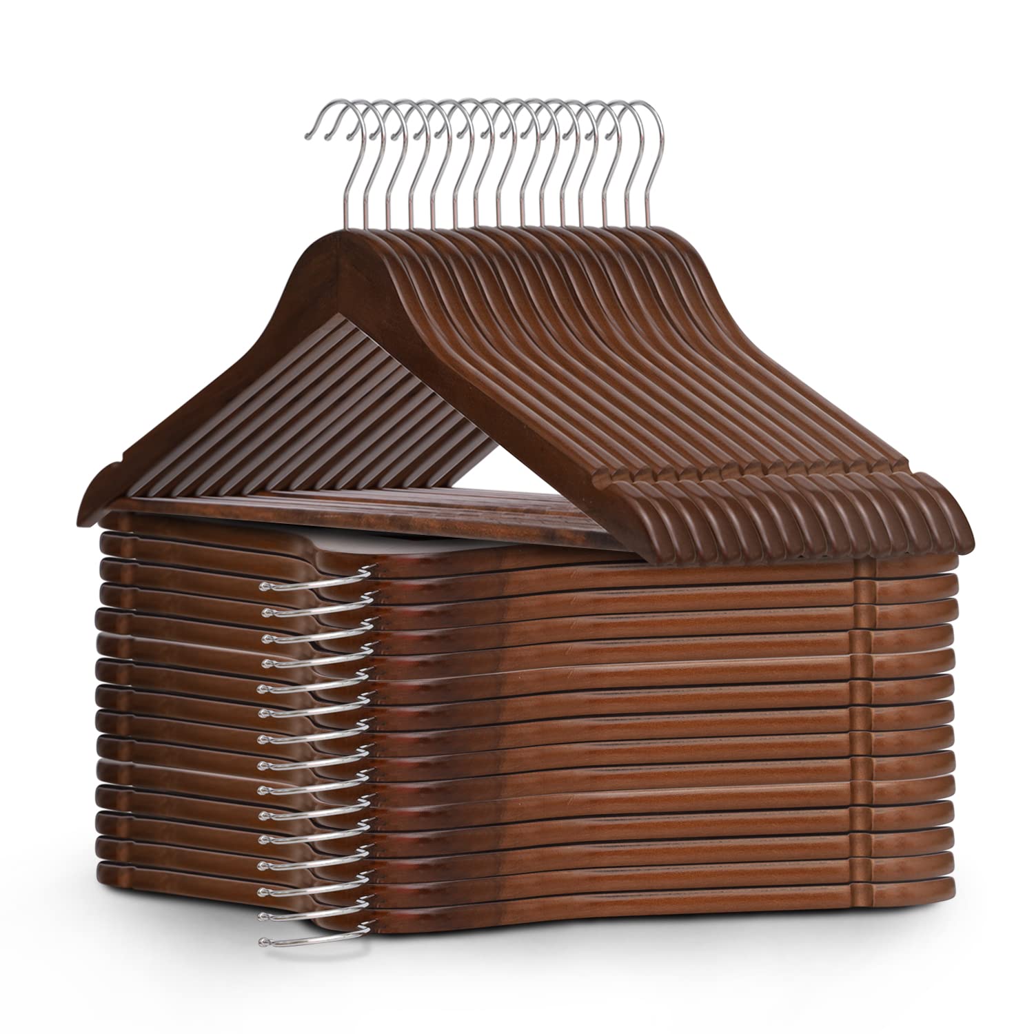 KEPLIN Strong Natural Wood Wooden Walnut Coat Hangers with 360 Degree Rotatory Hook & Round Trouser Bar & Shoulder Notches - Durable Wardrobe Space Saver - Suitable for Jacket, Suit, Jumper (30pk)