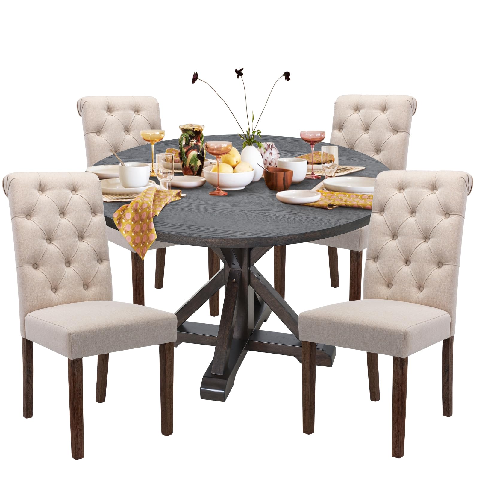 Photo 1 of ***(SELLING AS PARTS ONY -MISSING PIECES, SET INCOMPLETE)***
COLAMY 5-Piece Round Dining Table Set for 4, 48" Wood Kitchen Table with 4 Tufted Button Dining Room Chairs, Brown/Beige  ***(BOX RIPPED/TORN)***