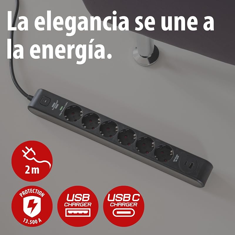 Regleta de enchufes Brennenstuhl de 6 tomas con USB y protección contra sobretensiones (regleta múltiple con 1x USB C PD 20 W para carga rápida y 1x USB A 20 W, interruptor, cable de 2 m) negro