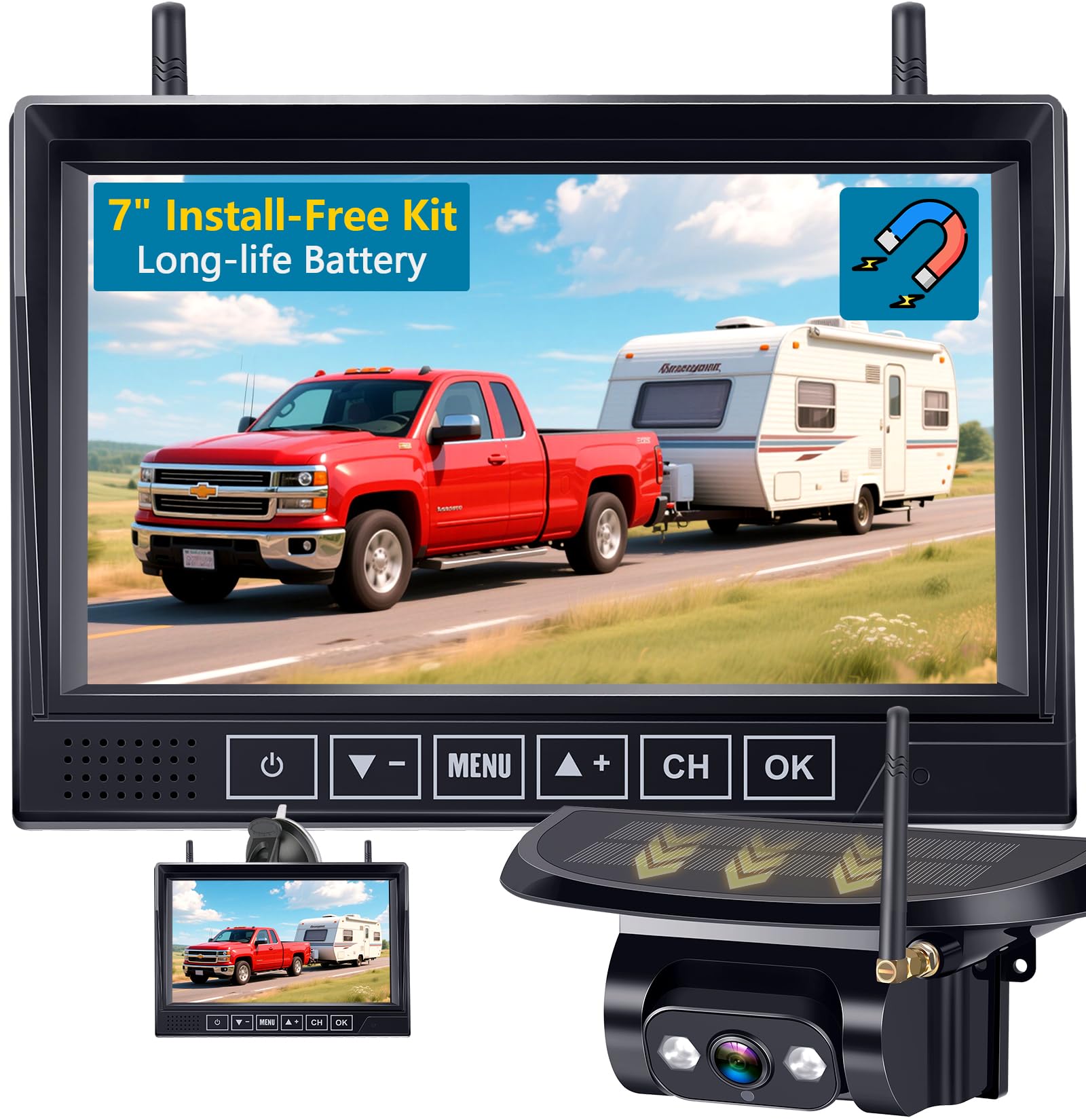 Photo 1 of Wireless RV Backup Camera Solar: Easy Setup Magnetic Backup Camera for Travel Trailer - 24H Long-Lasting, Strong Signal, HD 1080P, 7" Recording Monitor