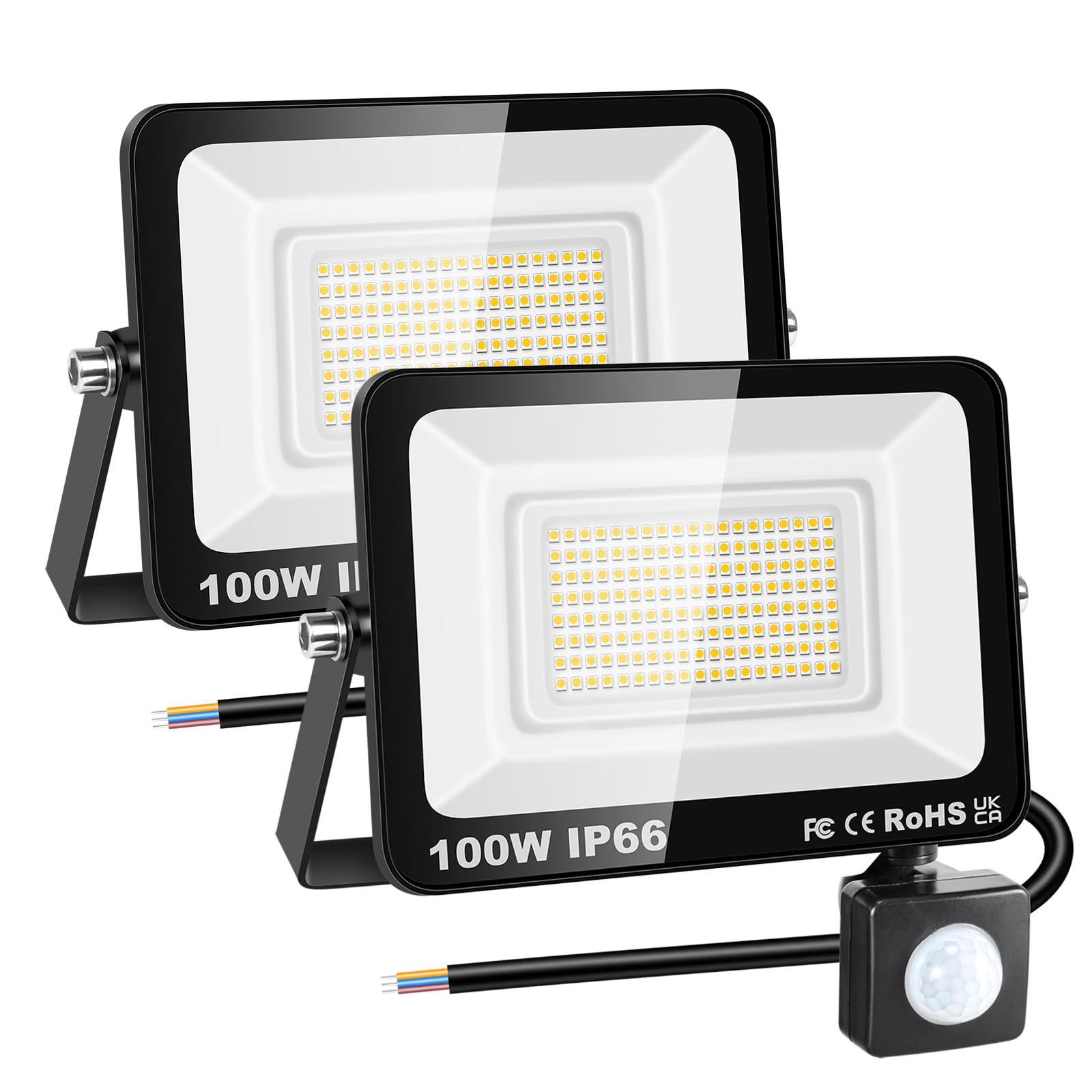 RIGIDON 2 Pcs PIR Motion Sensor Outdoor Security Light, 100W 10000 Lumens Outside Led Floodlight, Daylight Warm White Wall Light for Garden Garage Backyard Patio House Doorway, IP66 Waterproof 3000K