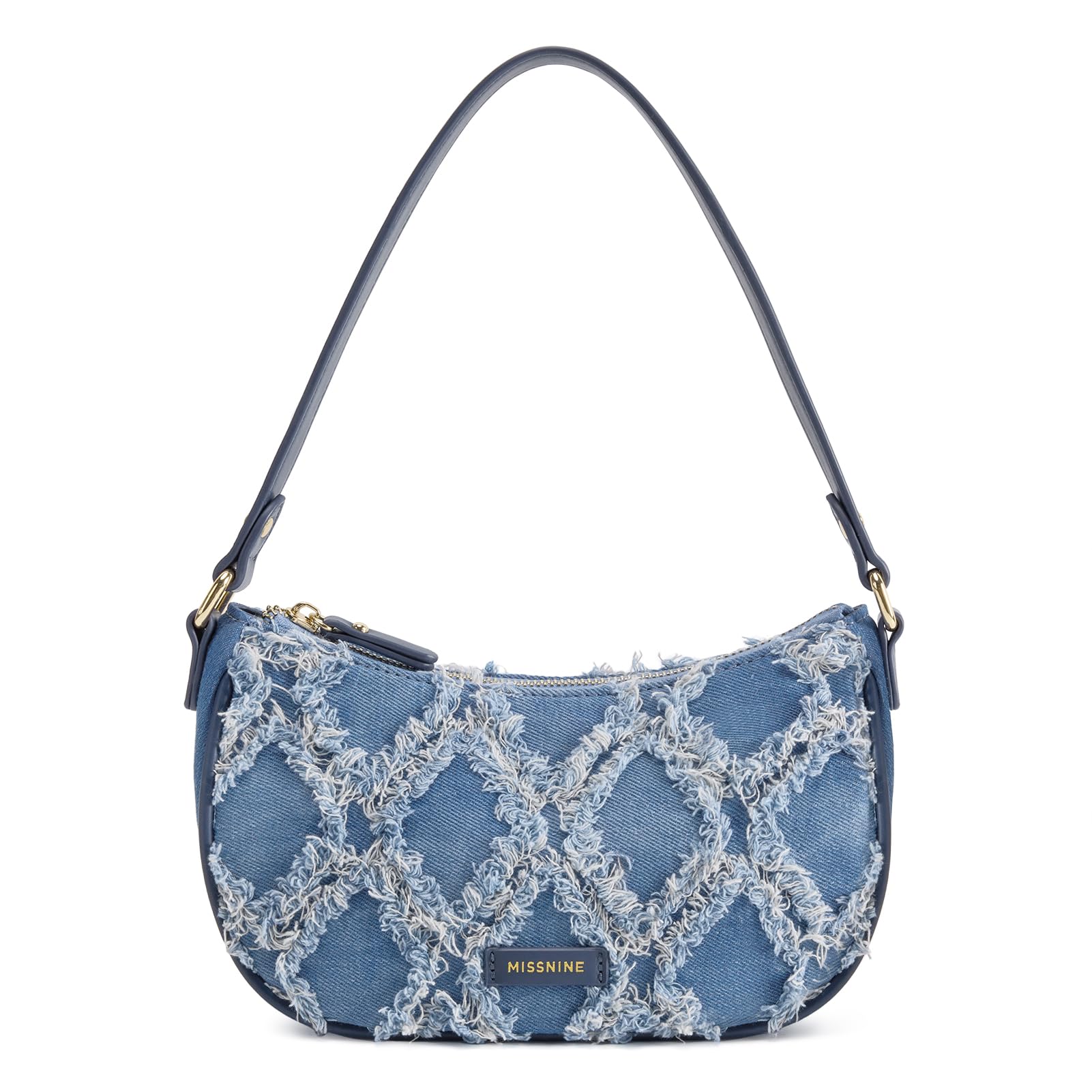 Photo 1 of Missnine Fringe Denim Purse Hobo Handbag for Women Jean Clutch Purse Crescent Shoulder Bags Small Distressed Mini Tote Bag Blue