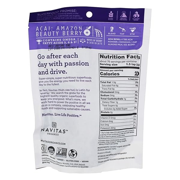 NAVITAS NATURALS ACAI POWDER – ORGANIC – FREEZE-DRIED – 8 OZ – CASE OF 12 8 OZ