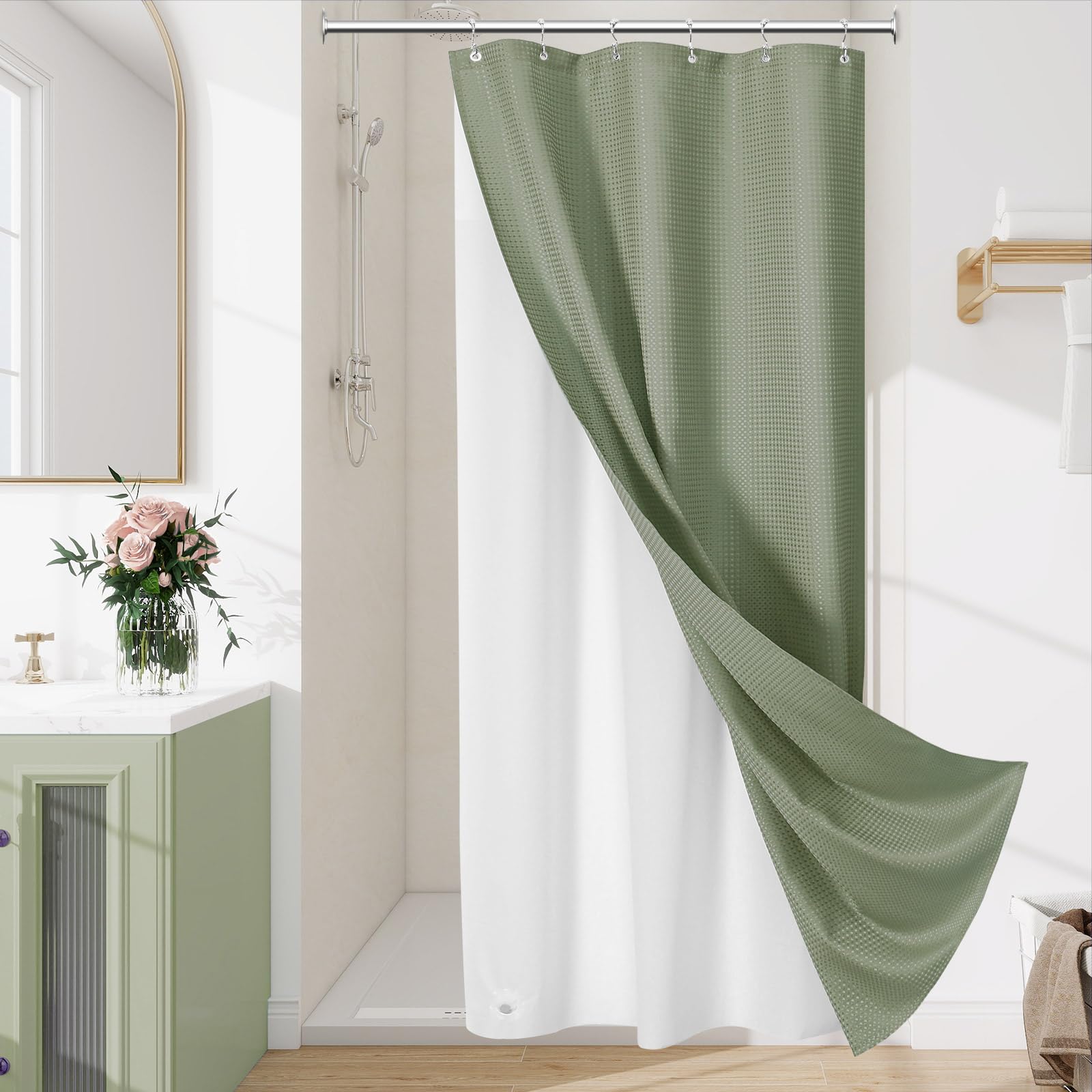 Craidlela 3 in 1 Stall Half Size Shower Curtain Set-36 W x 72 H, Sage Green Waffle Waterproof Fabric and PEVA Liner Set with Stainless Steel Hooks