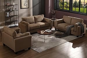 Morden Fort Double Arm 3 Pieces Furniture Sets Comfy Deep Seat Single Chair & Loveseat & 3 Seater Couch, Pet-Friendly Sofas Small Spaces Sofa Bed Couches for Living Room Bedroom Apartment Lounge Brown