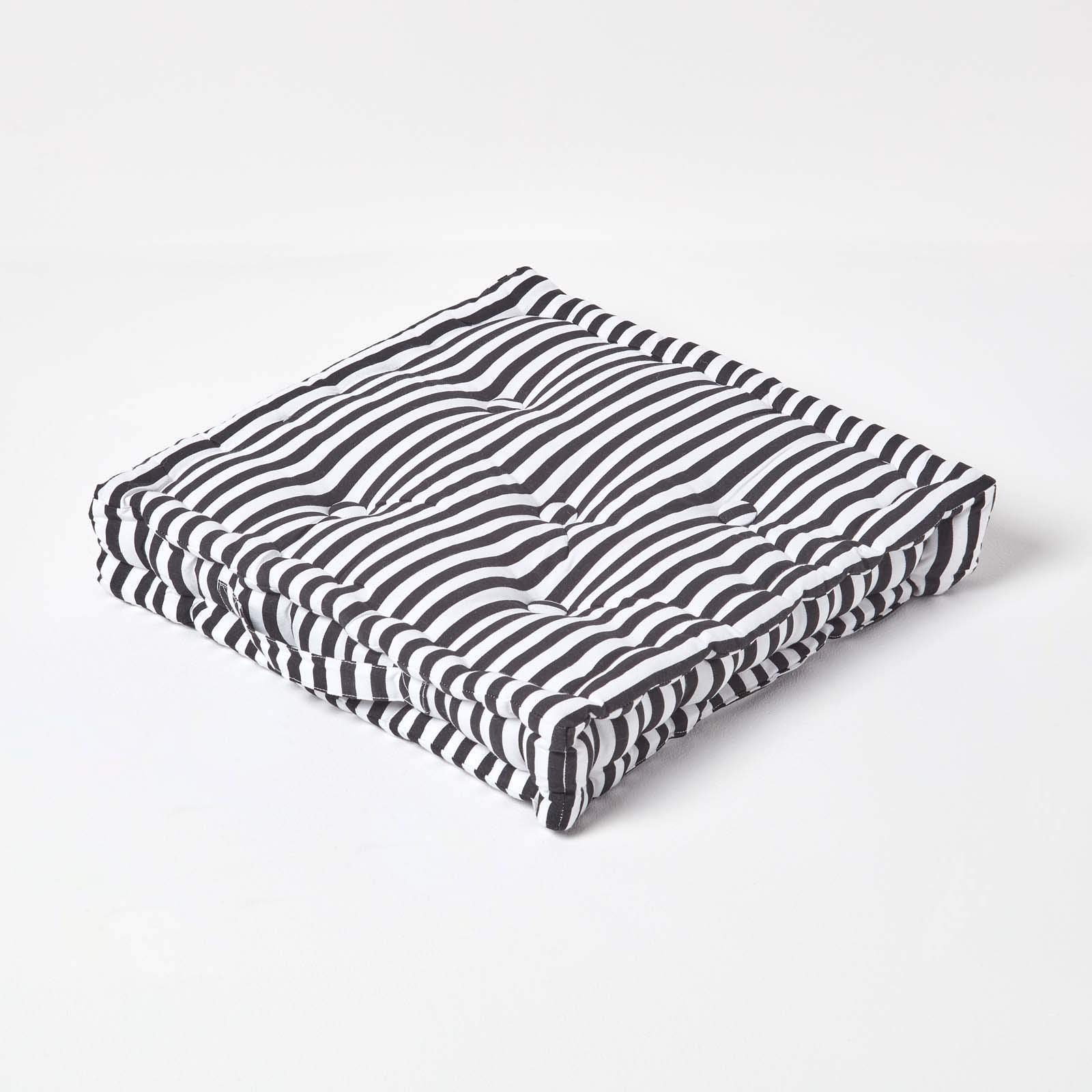HOMESCAPES - Pin Stripe Black - 100% Cotton - Floor Cushion - Black and White - 40 x 40 x 8 cm Square - Indoor - Garden - Dining Chair Booster - Seat Pad Cushion