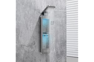 ELLO&ALLO LED Rainfall Shower Head and Rain Massage System with Body Jets Stainless Steel Bathroom Shower Panel Tower System with Shelf, Brushed Nickel&Chrome