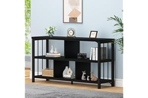 IBF Horizontal Cube Book shelf, Industrial Modern Open Bookshelf, Low Wide Home 5 Cube Storage Organizer Long Shelf for Bedroom, Short Wood and Metal Cubby Book Shelf for Living Room, Black Oak, 47 In