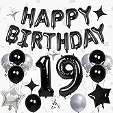 32 Inch 19 Balloon Numbers, Happy Birthday Balloons Banner 16 Inch Foil Letters Balloon Silver and Black Star Balloons for 19th Birthday Decorations for Boys Black Party Decorations