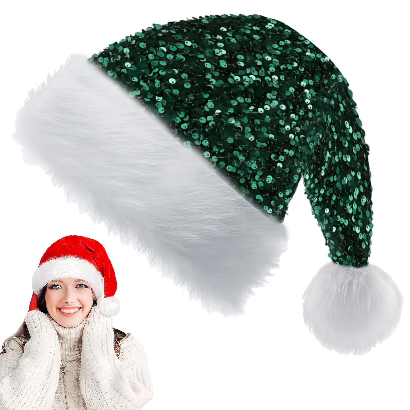 Dark Green Sequin Santa Hat for Christmas - 30*45cm Luxury Xmas Plush Santa Claus Costume - Unisex Party Hat for Kids, Adults, Women, Men - New Year Gifts