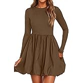 PRETTYGARDEN Fall Dresses for Women 2026 Casual Long Sleeve Bubble Cute Crew Neck A Line Mini Short Dress with Pockets