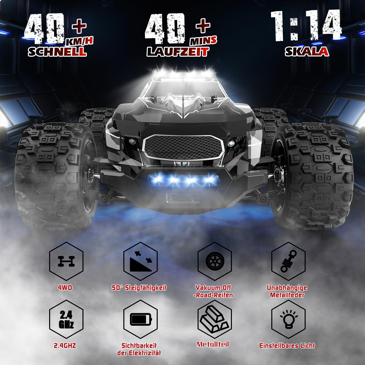 Ferngesteuertes Auto, 1/14 RC Auto mit 7 Farben Lichtern, 40KM/H Monstertruck Rc Truck, 2.4GHz Rc Auto Offroad mit Zwei Batterien, 4WD Wasserdichter RTR All Terrain, Rc Buggy für Kinder Erwachsene 3