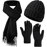 Winter Hat Beanie Long Scarf Touchscreen Gloves Set, 3Pcs Soft Thick Fleece Lined Gloves Skull Cap Scarf Set for Women