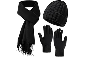 TRIFABRICY Winter Hat Beanie Long Scarf Touchscreen Gloves Set, 3Pcs Soft Thick Fleece Lined Gloves Skull Cap Scarf Set for Women Men