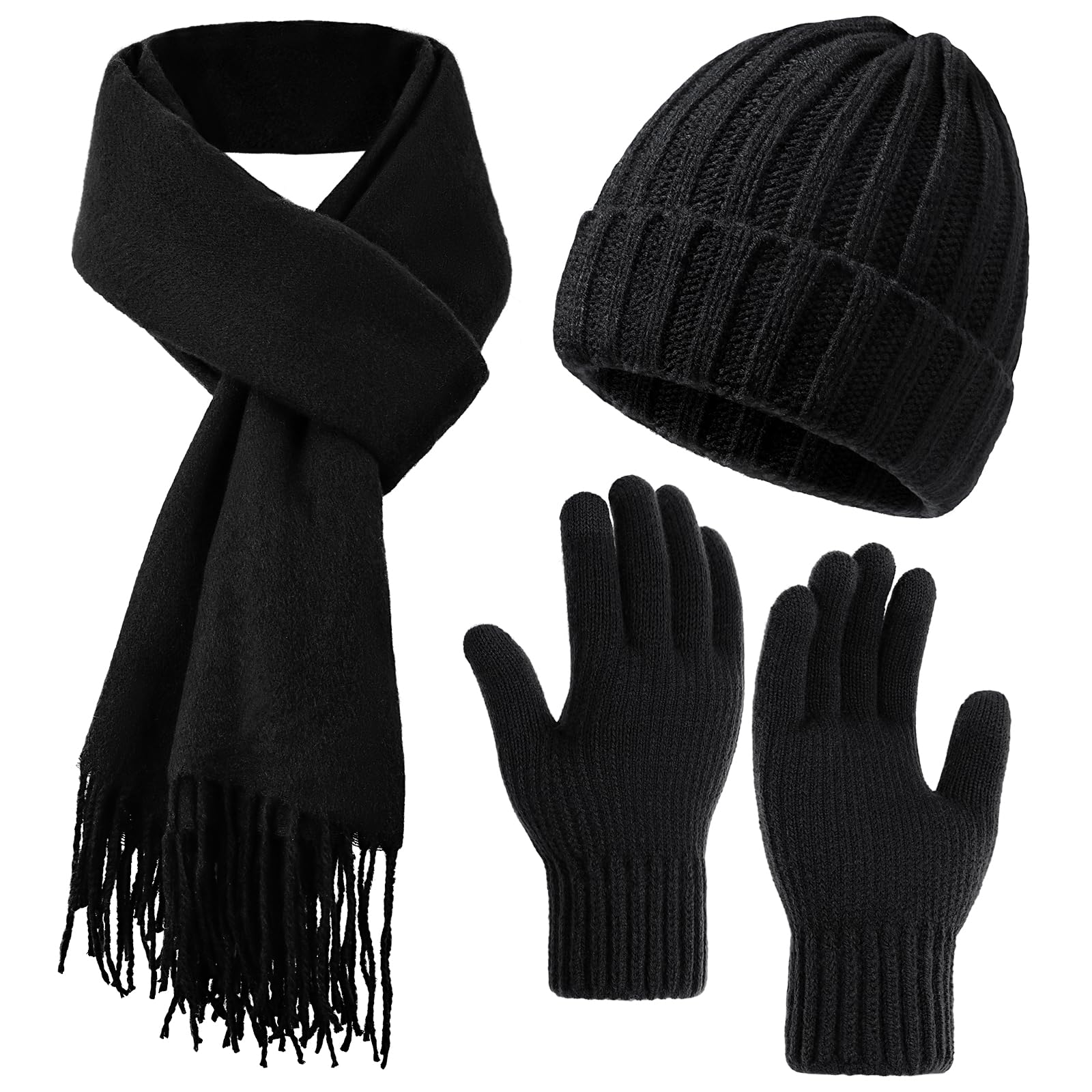 Photo 1 of ** GLOVES MISSING ** Trifabricy Winter Hat Beanie Long Scarf Touchscreen Gloves Set, 3Pcs Soft Thick Fleece Lined Gloves Skull Cap Scarf Set for Women Men, Black