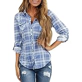 NUOREEL Women's Classic Plaid Flannel Shirt Button Down Roll Up Long Sleeve Casual Blouse Top