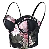 ELLACCI Women's Floral Foil Print Mesh Bustier Crop Top Sweet Corset Tops Bra Black
