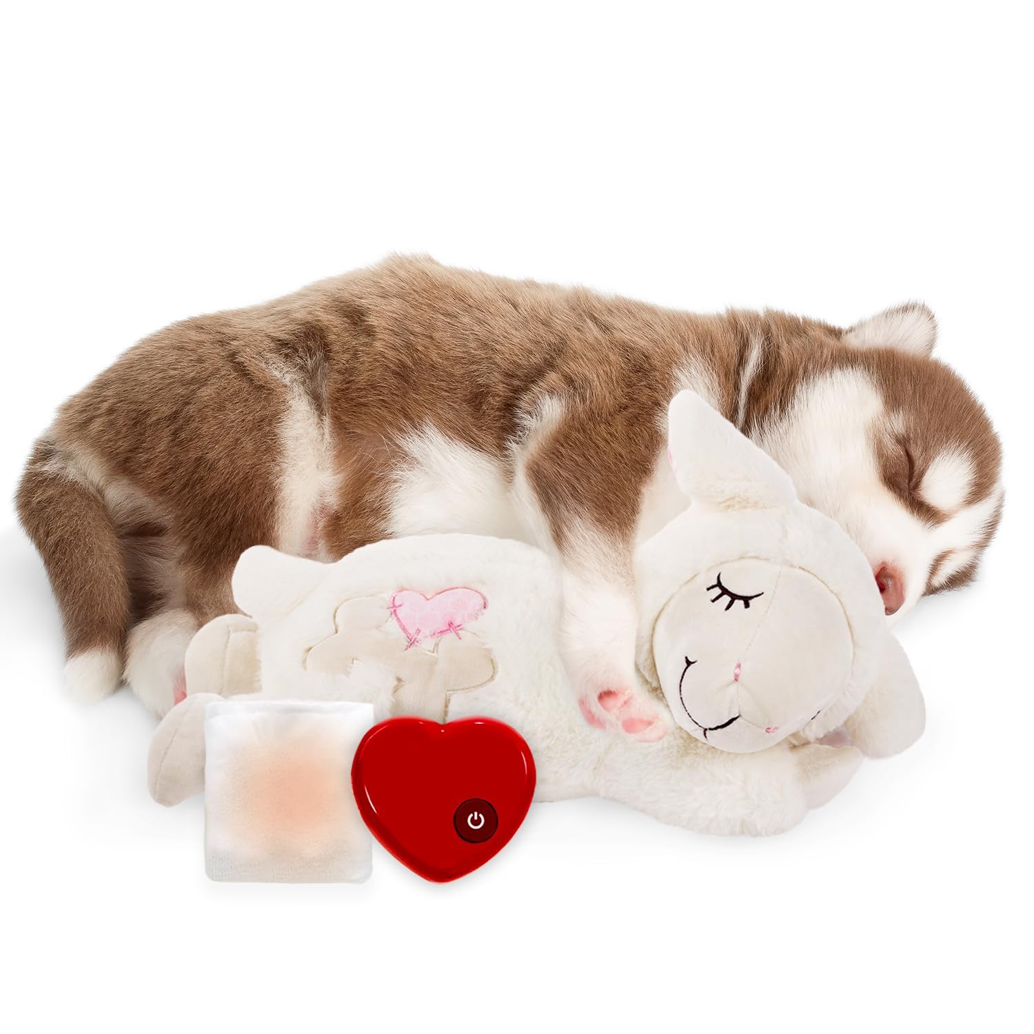 ALL FOR PAWS Heartbeat Dog Toy for Puppy, Dog Plush Toy with Heartbeat Snuggle Sheep for Separation Anxiety Relief Behavioral aid for Pets(White Sheep with Heartbeat + Warm Bag)