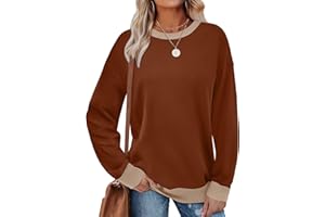 Saloogoe Sweatshirts for Women Crewneck Long Sleeve Loose Fit Tops Color Block Ribbed Trim Fashion 2024