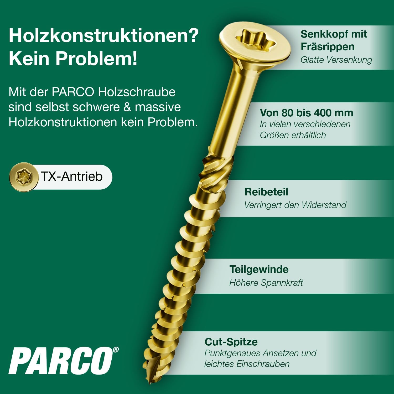 PARCO Holzbauschrauben mm verzinkt – 50 Stück Senkkopfschrauben mit ETA Zulassung – Konstruktionsschrauben für Holzbau, Zimmerei & DIY – Profi-Qualität mit TX40 Antrieb & CUT-Spitze (Gold, 8x140 mm) 2