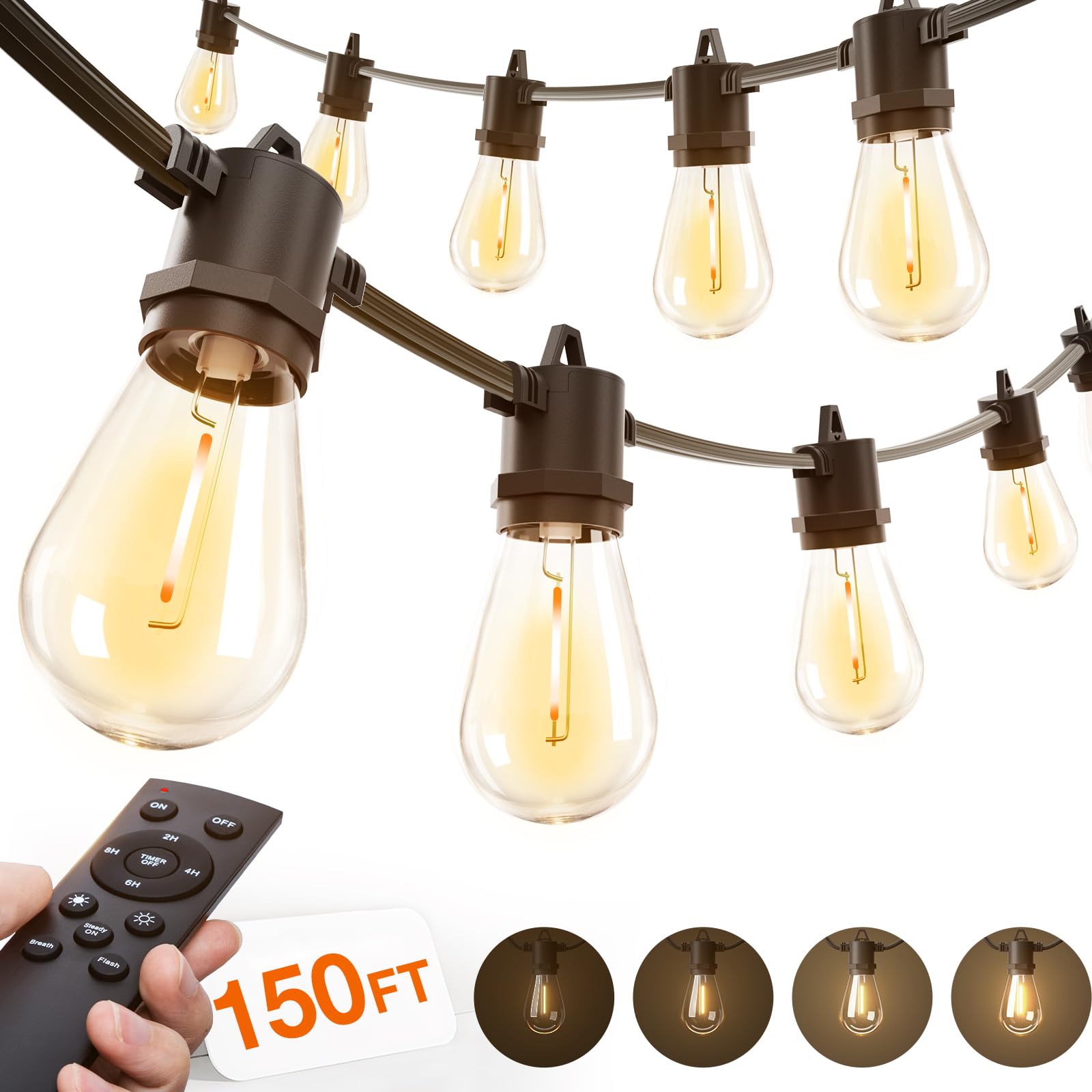 addlon 150FT LED Outdoor String Lights with Remote Dimmable Patio Lights with Timer & 3 Lighting Modes, 48 Shatterproof Edison Bulbs, Waterproof Shatterproof Hanging for Outside Backyard Porch Party Image