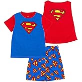DC Comics Justice League Cosplay Pajama Shirt, Shorts & Detachable Cape 3 Piece Sleep Set Toddler to Big Kid (2T - 10-12)