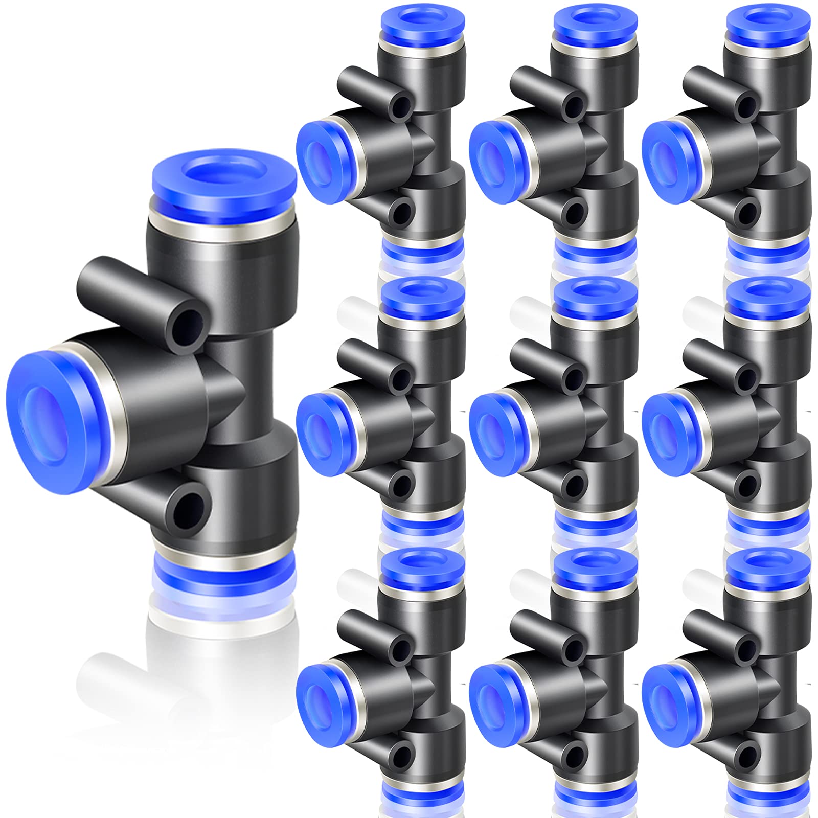 ERGAOBOY 10 Pcs 10MM Tube OD 3-Way Tee Push to Connect Fittings, Blue Pneumatic Push Lock (PE-10)