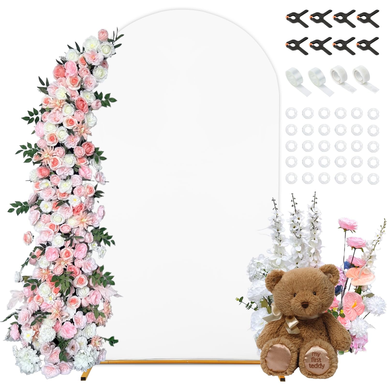 Photo 1 of 7.2 FT Arch Backdrop Cover, White Spandex Round Top Metal Arch Backdrop Stand Cover with Balloon Tie Tool for Wedding Ceremony Baby Shower Gender Reveal Birthday Party Photo Background Decorations