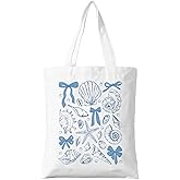 ZYQFN Coquette Seashell Canvas Tote Bag - Retro Summer Beach Bag - Cute Seaside Aesthetic Reusable Grocery Tote - Vintage Coastal Gift for Women. (129)