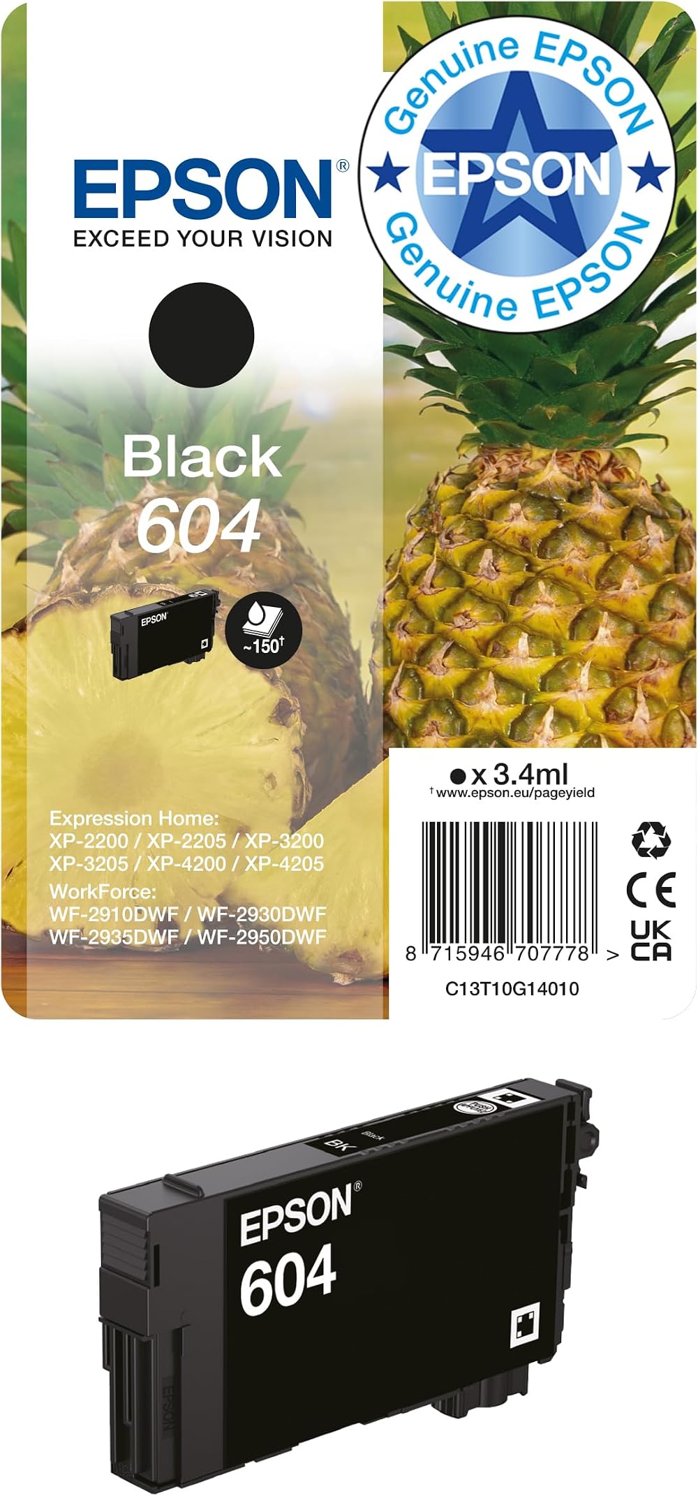 Epson 604 Black Ink Cartridge Pineapple Genuine for XP-2200 XP-3200 WF-2900