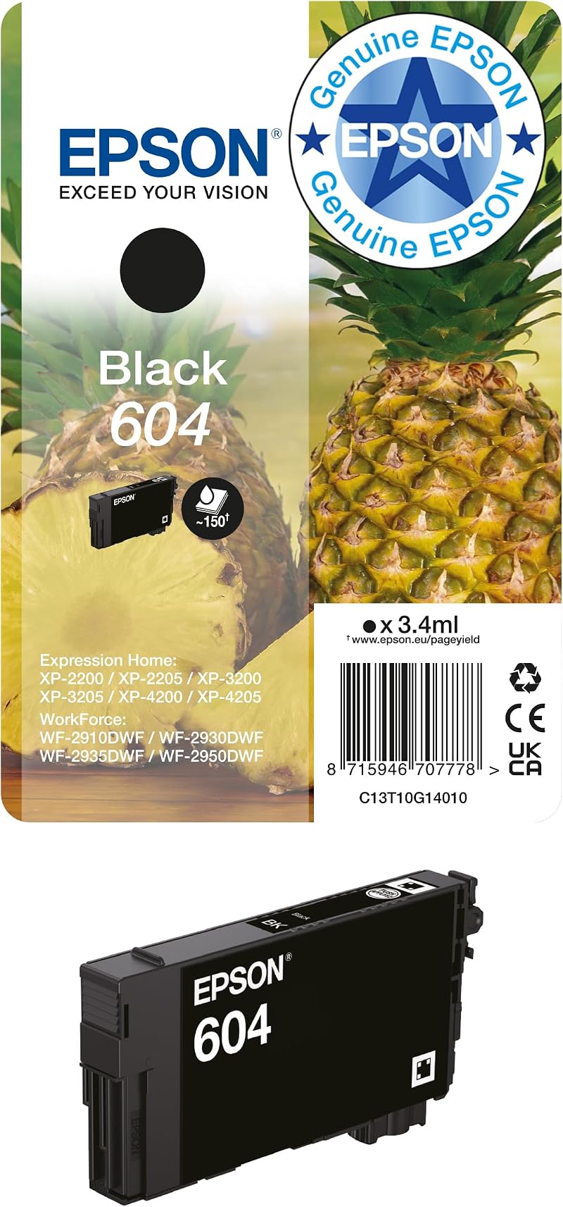 Epson 604 Black Ink Cartridge Pineapple Genuine for XP-2200 XP-3200 WF-2900