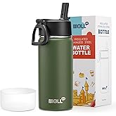 Mollcity Kids 16 oz Stainless Steel Double Wall Vacuum Insulated Wide Mouth Water Bottle for School - Metal Leak-Proof Travel Water Flask with Straw (Grass Green)