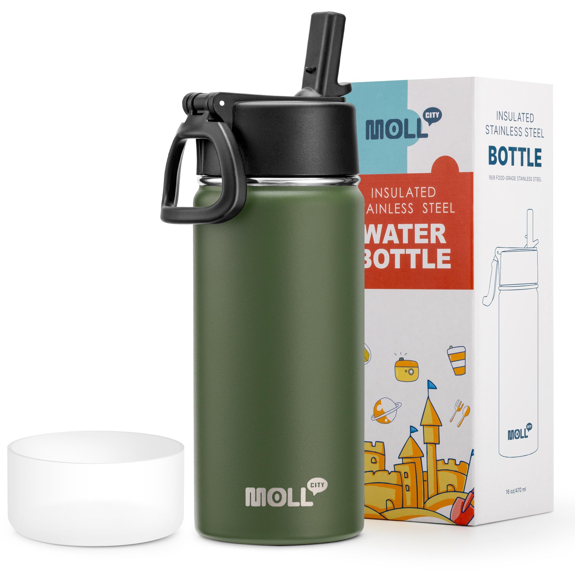 Photo 1 of Mollcity Kids 16 oz Stainless Steel Double Wall Vacuum Insulated Wide Mouth Water Bottle for School - Metal Leak-Proof Travel Water Flask with Straw (Grass Green)