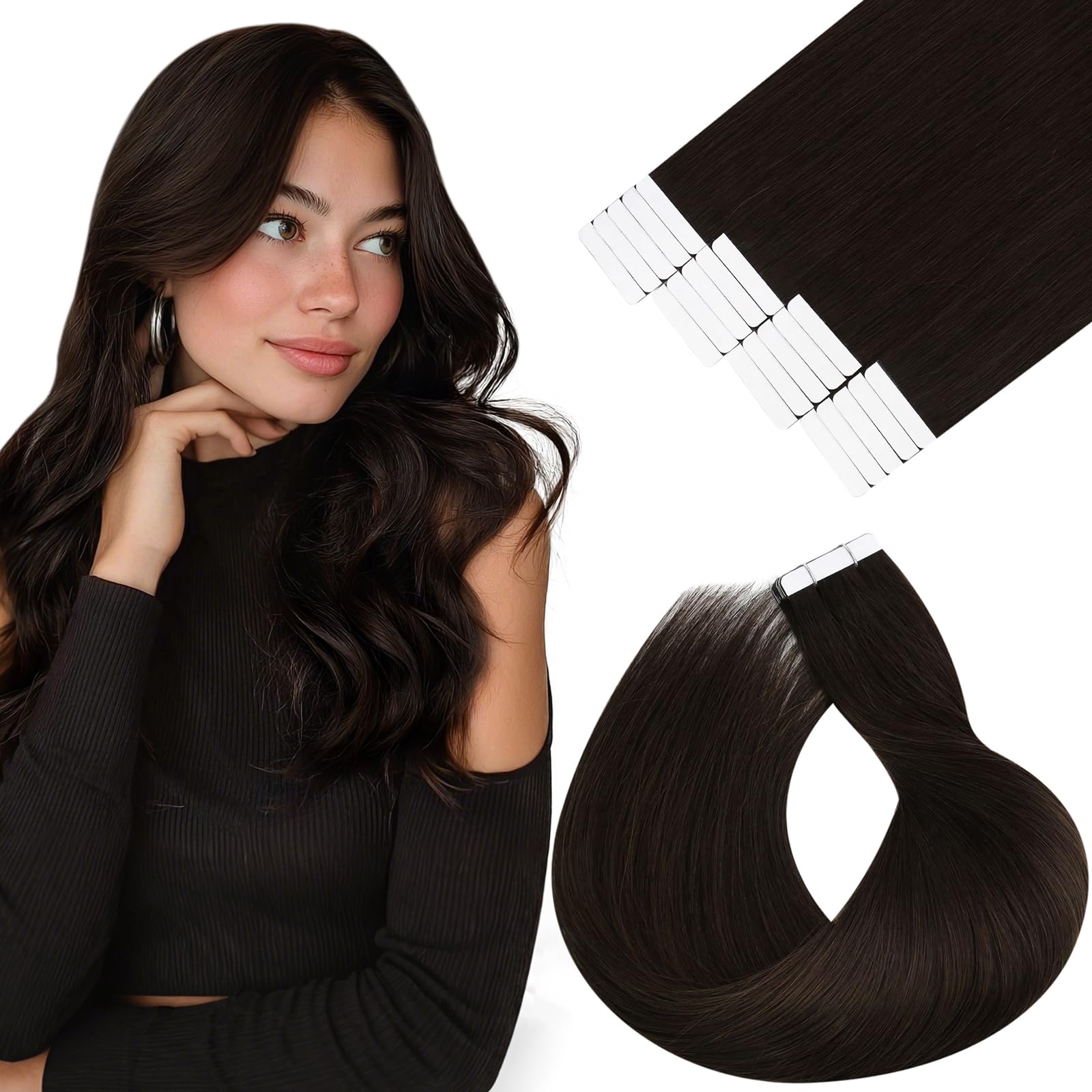 Vivien Hair Extensions Tape in Human Hair Brown Natural Tape in Extensions Dark Brown Long Silky 24 Inch 20pcs 50g #2 — image 1