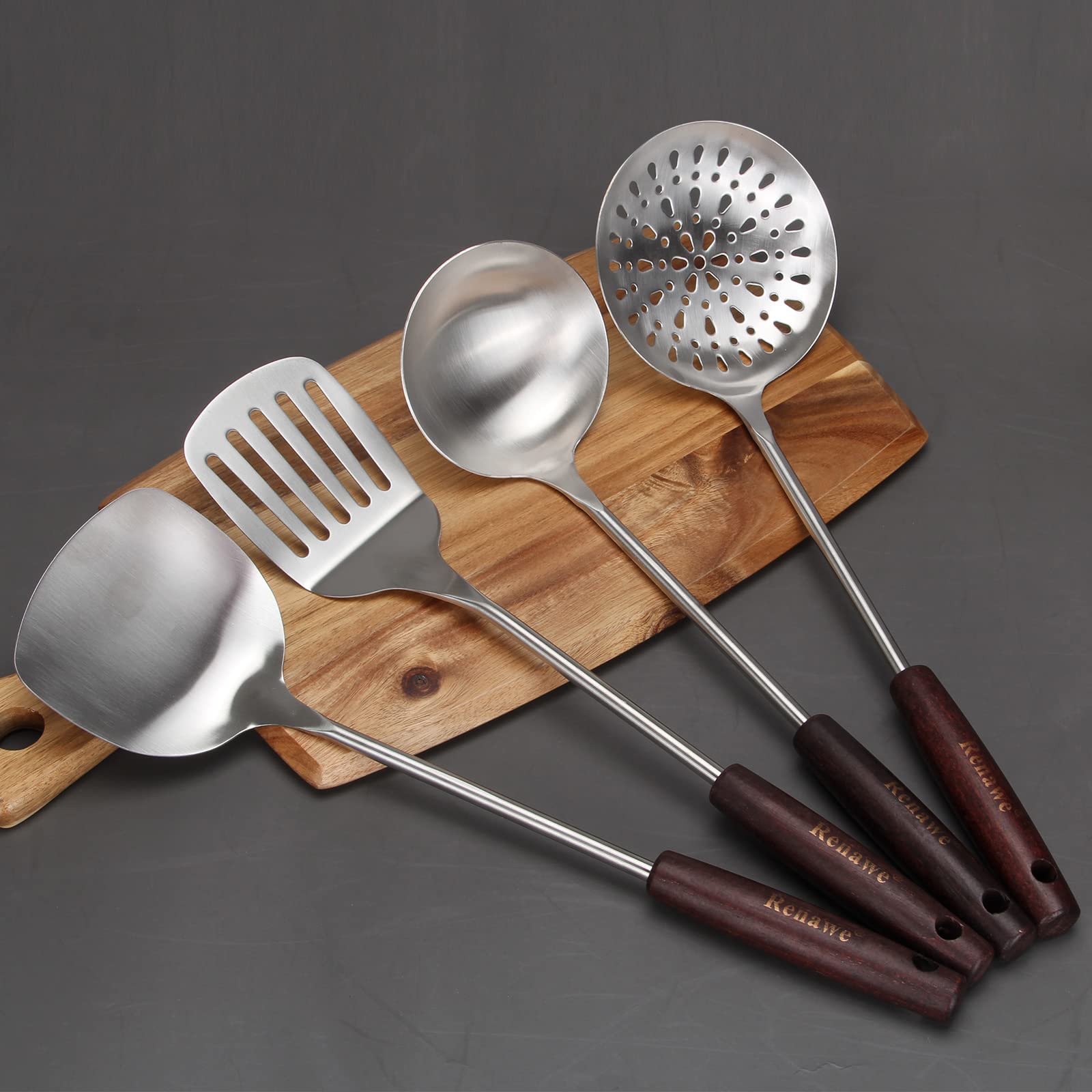 15 inch Large Spatula Slotted Turner Soup Ladle 304 Stainless Steel Wok Spatula Set Slotted Spoon for Cooking Utensils Set Long Wooden Handle Ladles Kitchen Metal Spatulas Cooking Spoons