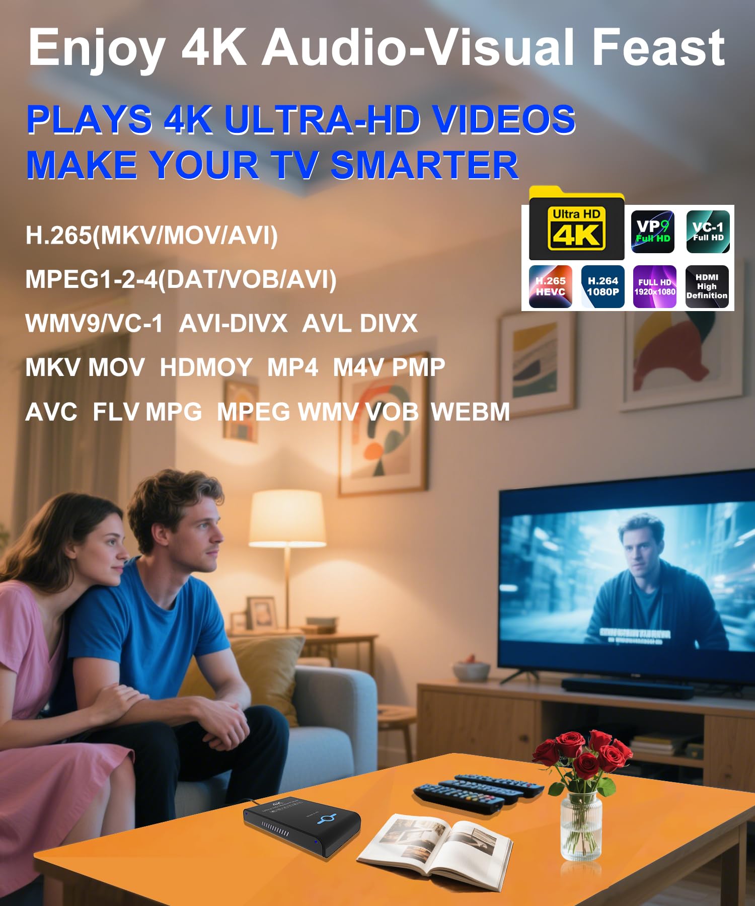4K Ultra HD Media Player & HDD Enclosure 2-in-1 - Play H.265/HEVC H.264/AVC MP4 MKV Videos MP3 Music JPG Photos, 4K 60fps HDMI, Analog AV Etc,Supports 2