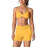 ABOCIW Womens Seamless Workout Sets 2 Piece Strappy Halter Sports Bra Scrunch Butt Shorts Gym Yoga Outfits