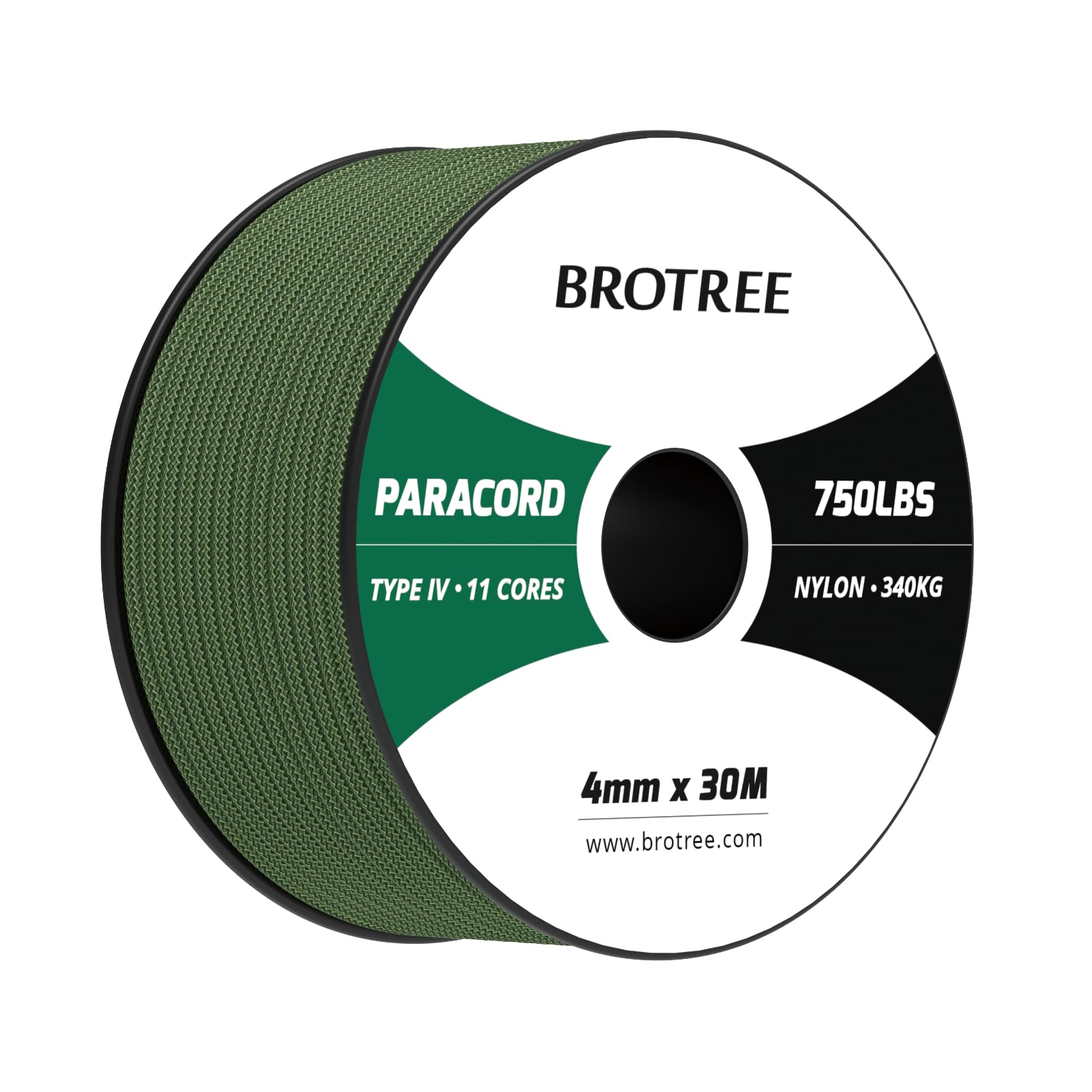 Brotree Paracord 4mm 30M 100% Nylon Rope 11 Strands 750lb Parachute Cord Type IV for Survival, Outdoor and DIY - 340kg Breaking Load (Forest Green)