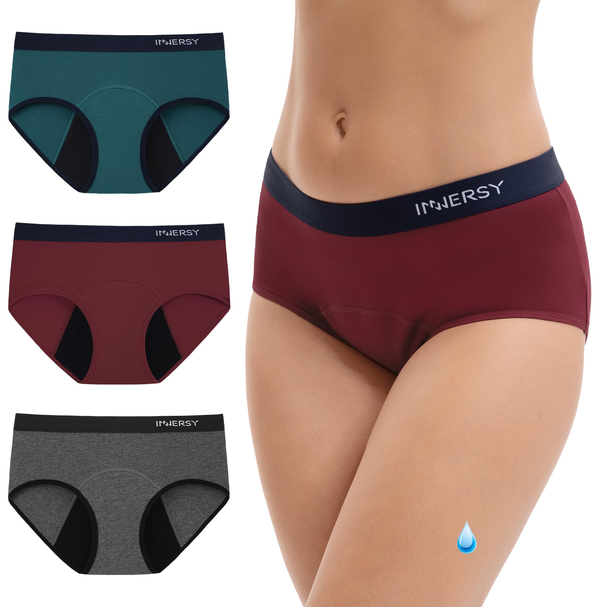 INNERSY Period Pants for Women Washable Menstrual Underwear Light Flow Leakproof Briefs Pack of 3 (8, Marl Grey/Burgundy Red/Lake Blue)