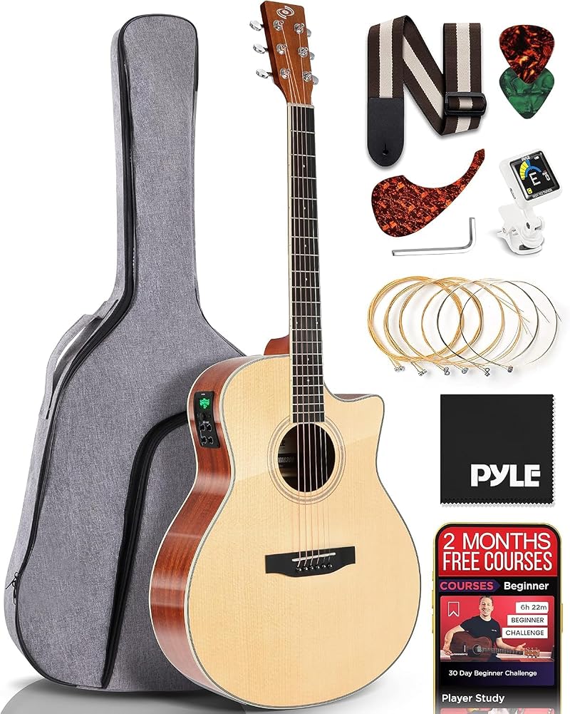 Pyle Full Size Dreadnought Cutaway Acoustic Electric Guitar with EQ Tuner