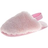 Josmo Kids Fuzzy Slippers for Girls or Boys Plush Slip-On House Shoes Smiley Face Strap Back Cozy Indoor Slides Size 11-13 Little Kids / 1-4 Big Kids