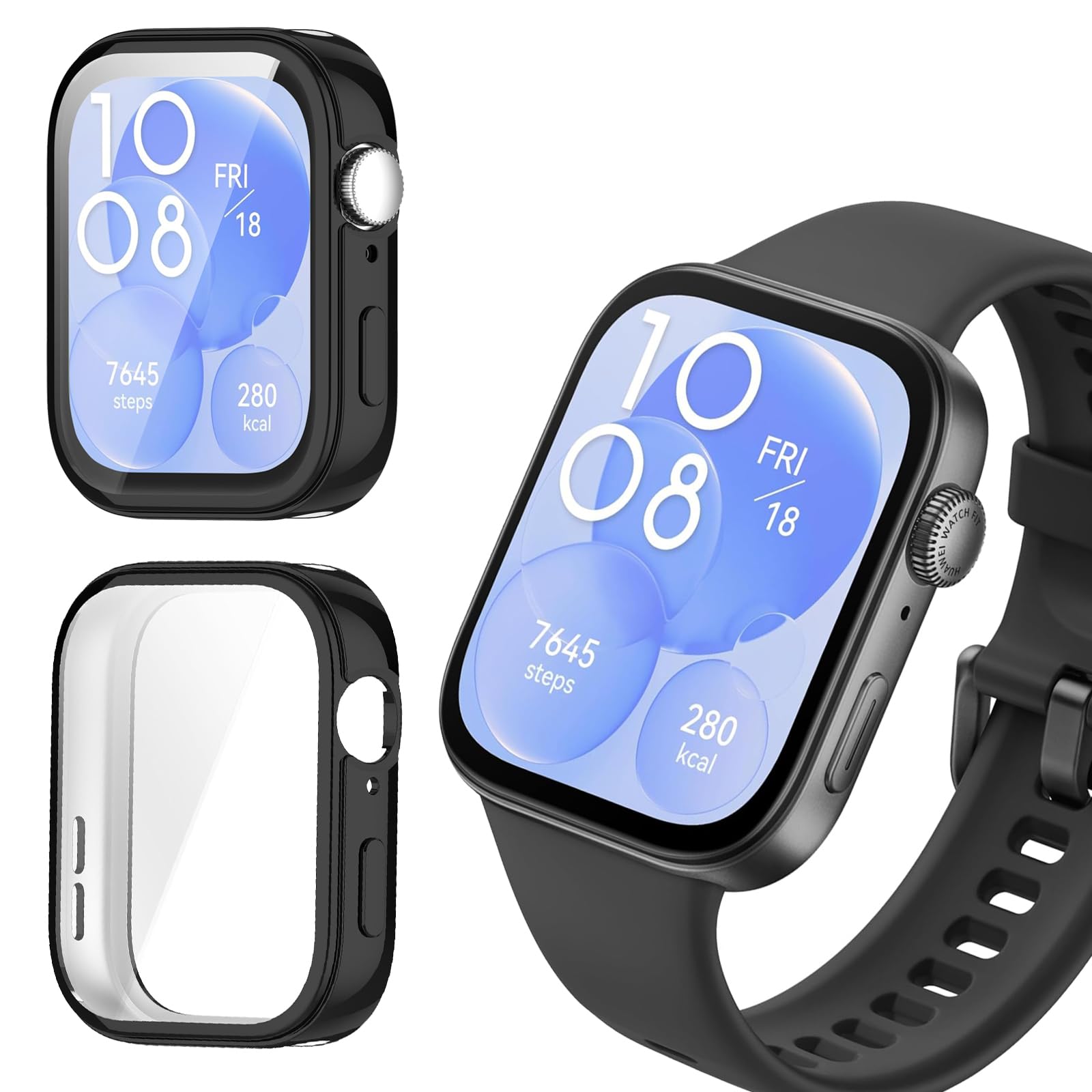 SEIAIYG Case for Huawei Watch Fit 3, [2 Pack] Soft TPU Shockproof Cover All-inclusive Screen Protector Protective Case for Huawei Watch Fit 3 - Black+Black