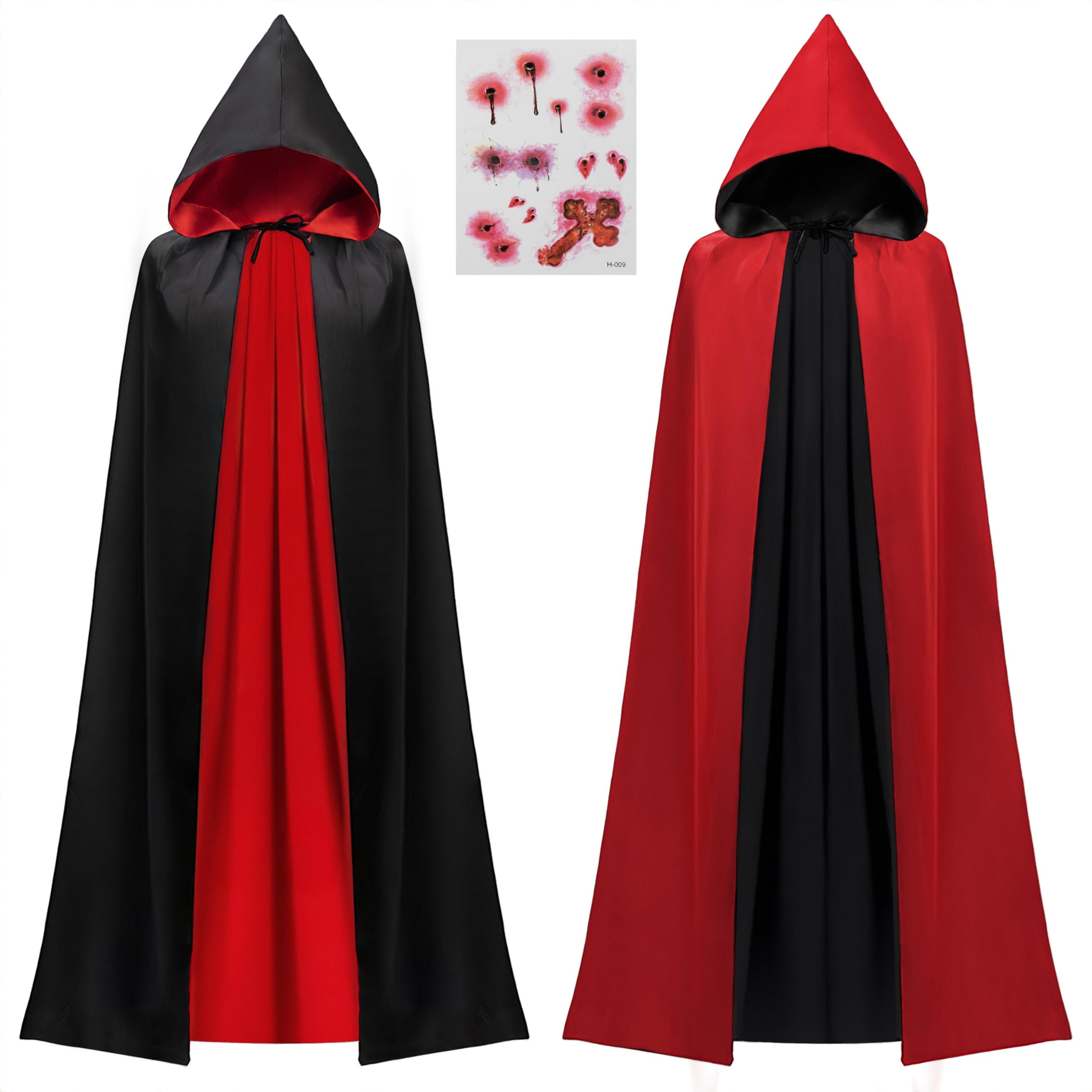 JOYIN Adult Unisex Vampire Costume Accessories Halloween Vampire Cape for Transylvania Dracula Theme Party with Reversible Hooded Cape Cloak and Tattoo Scar (59"/150cm)