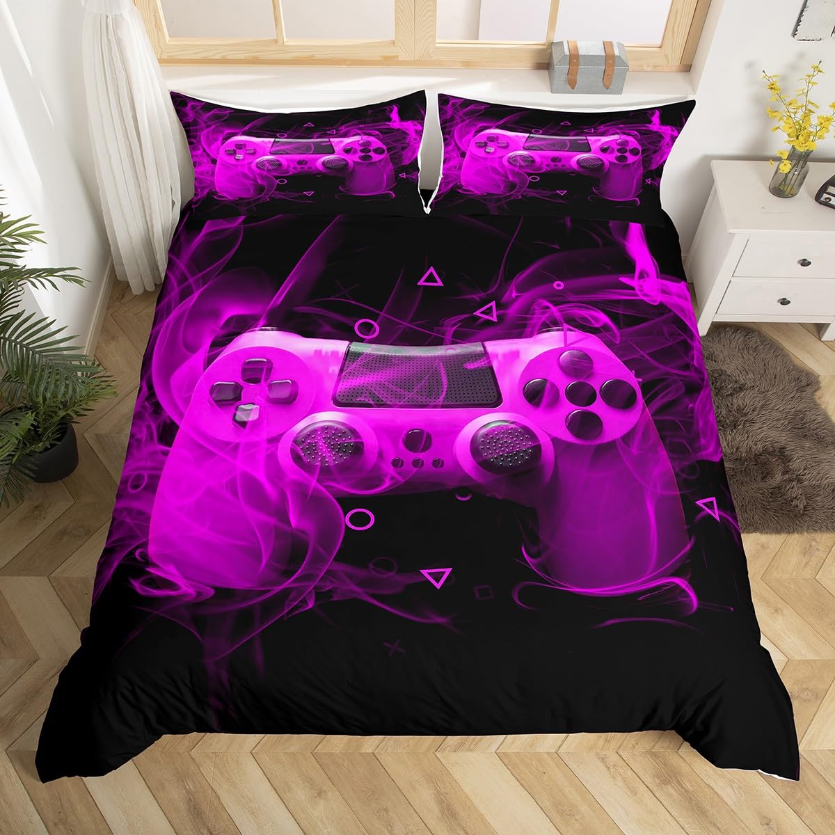 Girls Gamer Bedding Set Teens Modern Game Controller Comforter Cover for Boys Kids Youth Bedroom Decor Gamepad Duvet Cover Gaming Console Triangle Geometry Bedspread Cover Purple Black Double Size — image 1